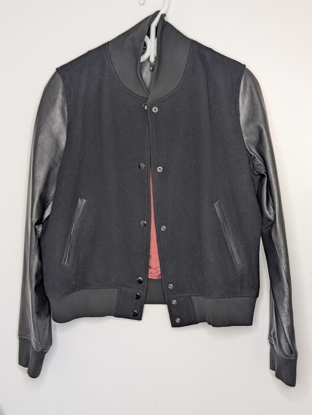 Rag & Bone Varsity Black Wool and Leather Bomber Jacket Women's Large